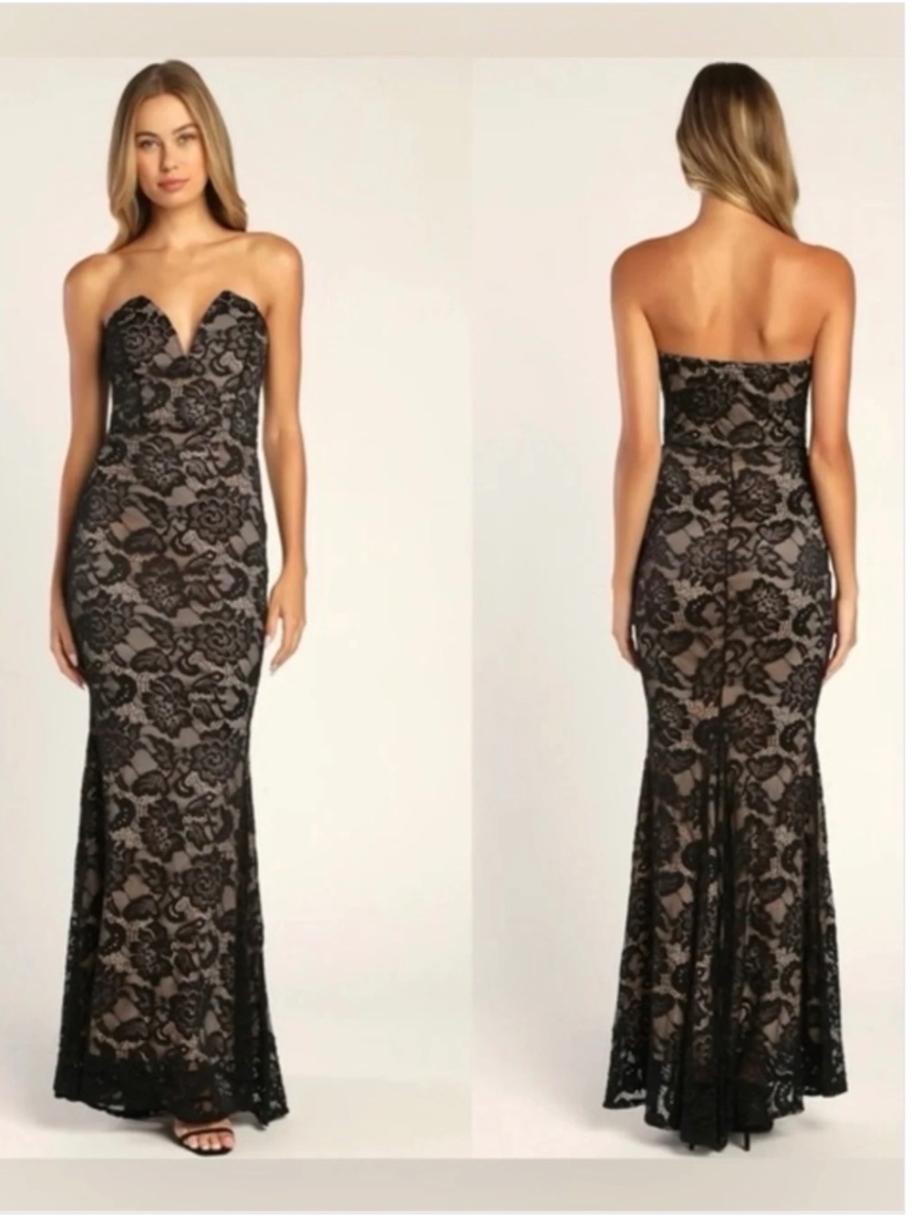 NWOT Lulus Sexy Sophistication Black Lace Strapless Trumpet Maxi Dress L